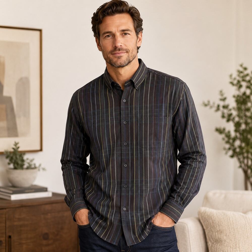 Alan Flusser Men’s M Dark Gray Multicolor Plaid Cotton Long Sleeve Button Down